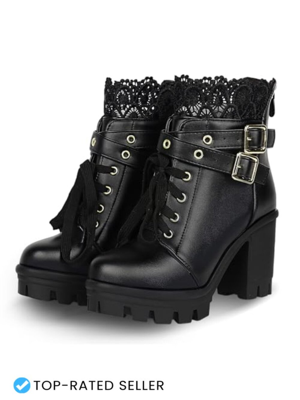 Women's Lace Up Chunky Ankle Boots Gothic Platform with Buckle Strap Faux